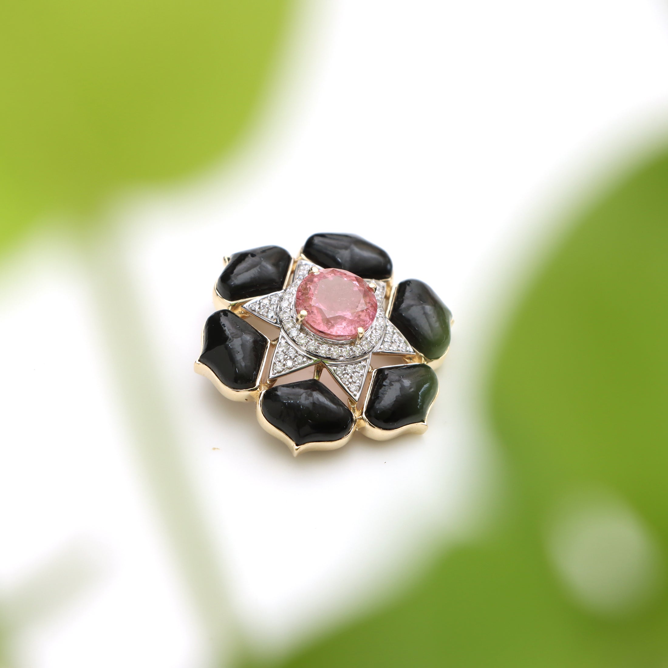 Natural Tourmaline Oval Cut and Black Onyx Leaf 14K gold pendant top view - NFJSD-1243