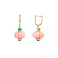 Load image into Gallery viewer, Natural Pink Opal and Emerald 18K gold earrings back view - NFJSD-1781

