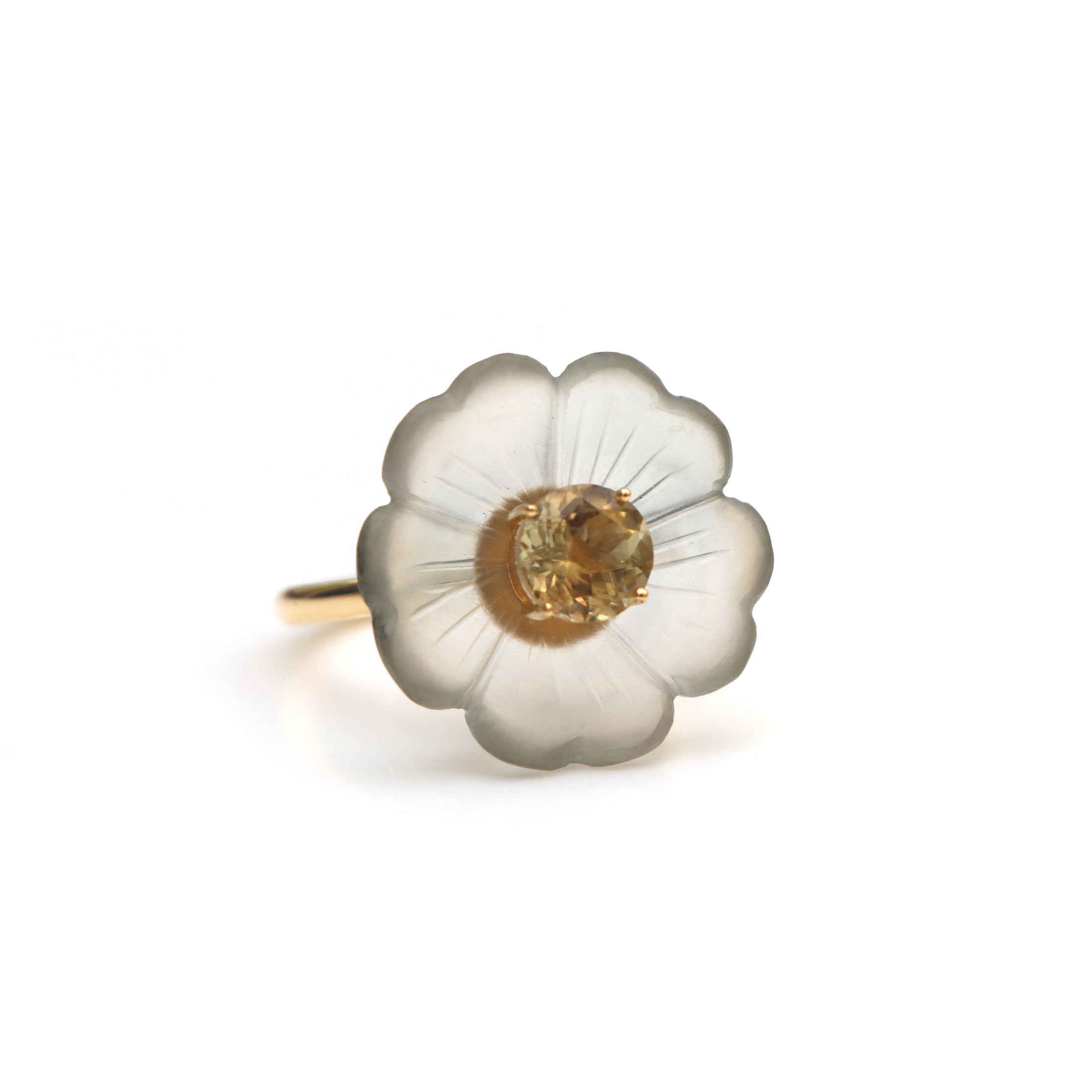 Natural Crystal Carving and Yellow Tourmaline 14K gold ring front view - NFJSD-1551