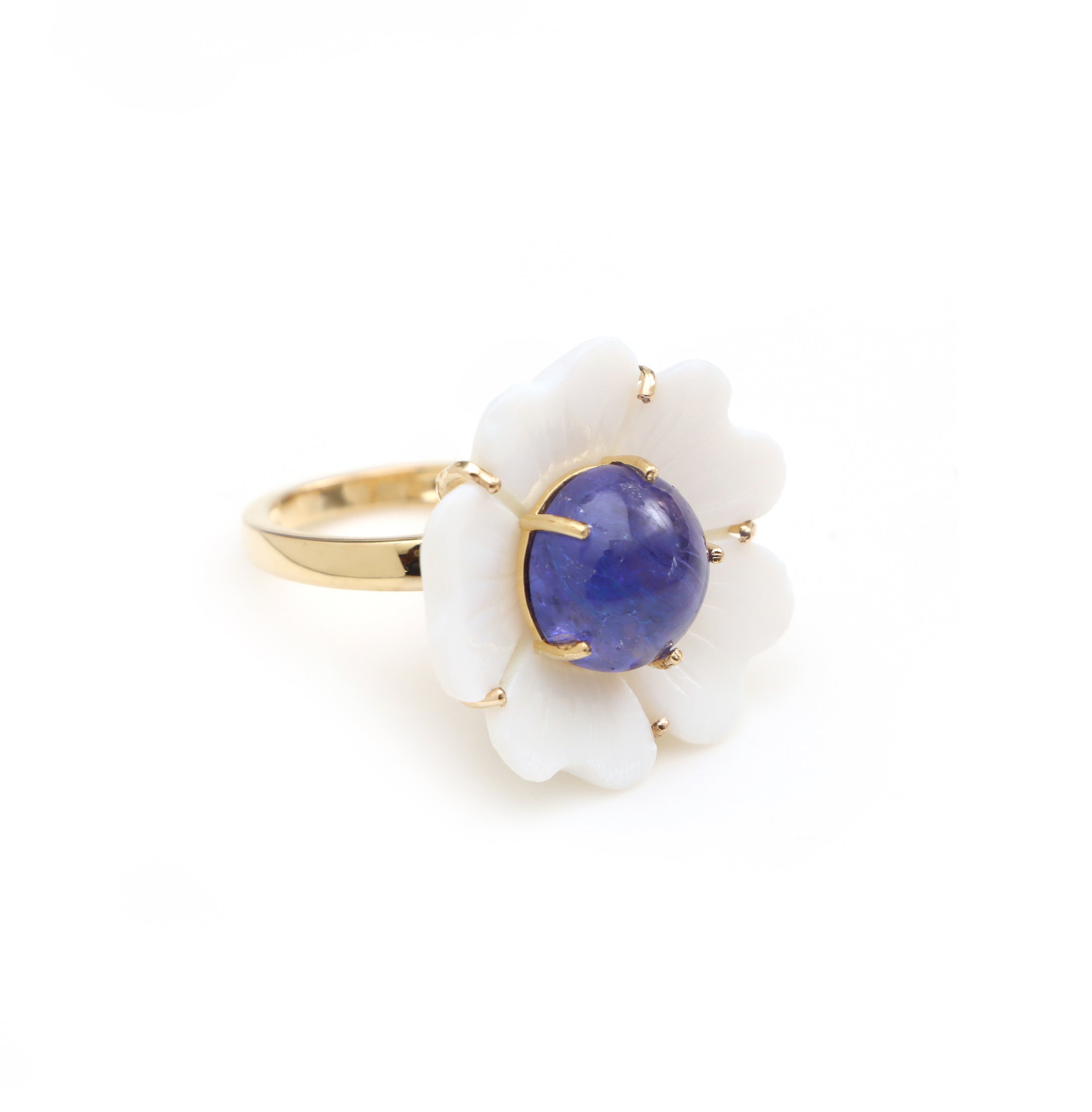 Natural Tanzanite Round Cab and White Agate Carving Flower 14K gold ring side angle - NFJSD-1244