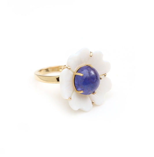 Natural Tanzanite Round Cab and White Agate Carving Flower 14K gold ring side angle - NFJSD-1244