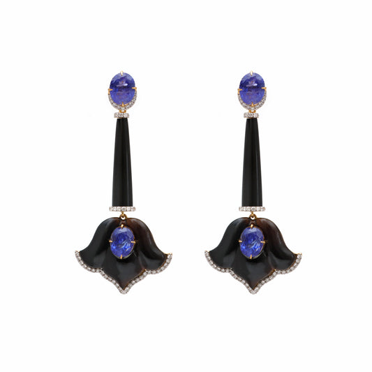 Natural Black Onyx and Tanzanite 18K gold earrings front view - NFJSD-1728