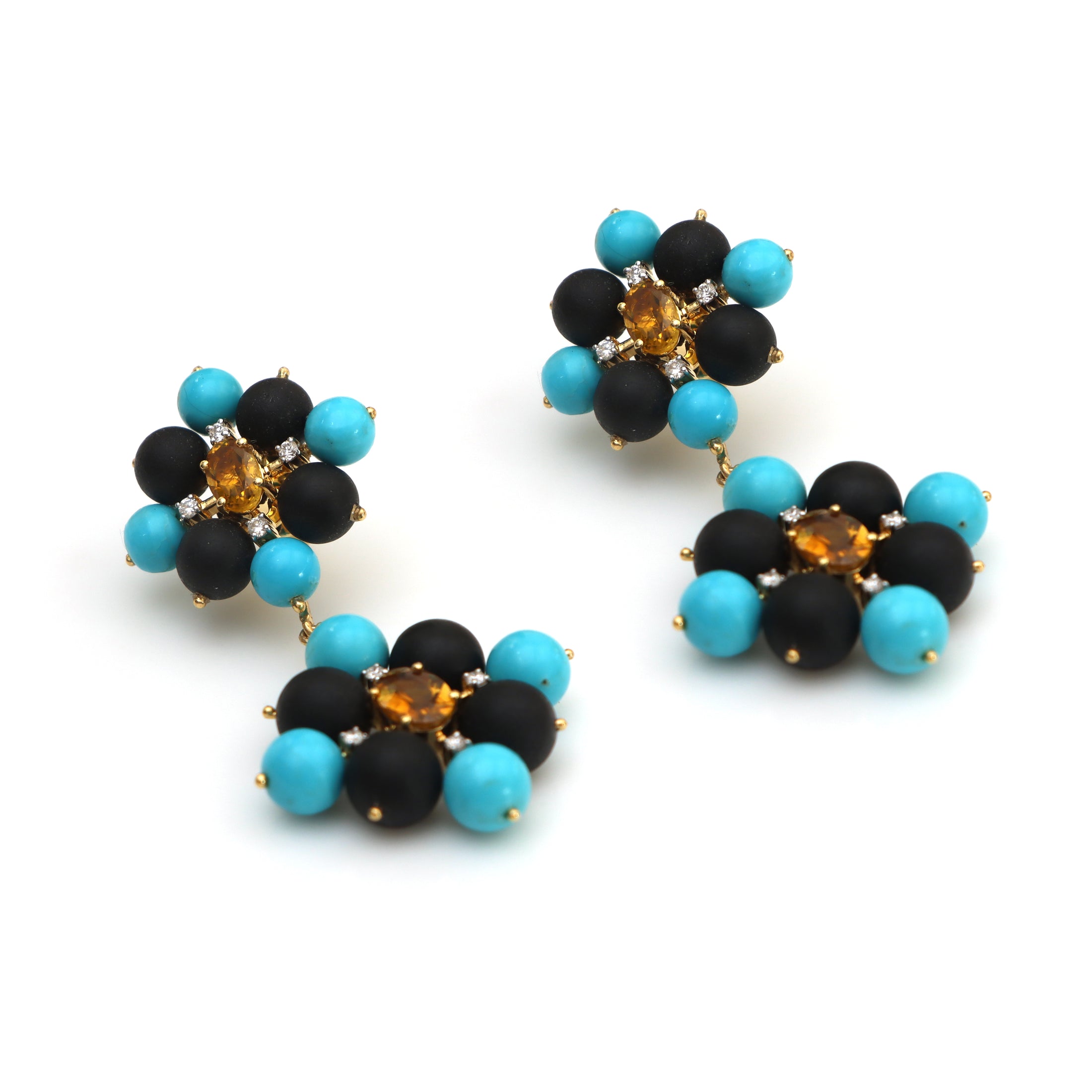 Natural Black Onyx and Turquoise 18K gold earrings front view - NFJSD-1542