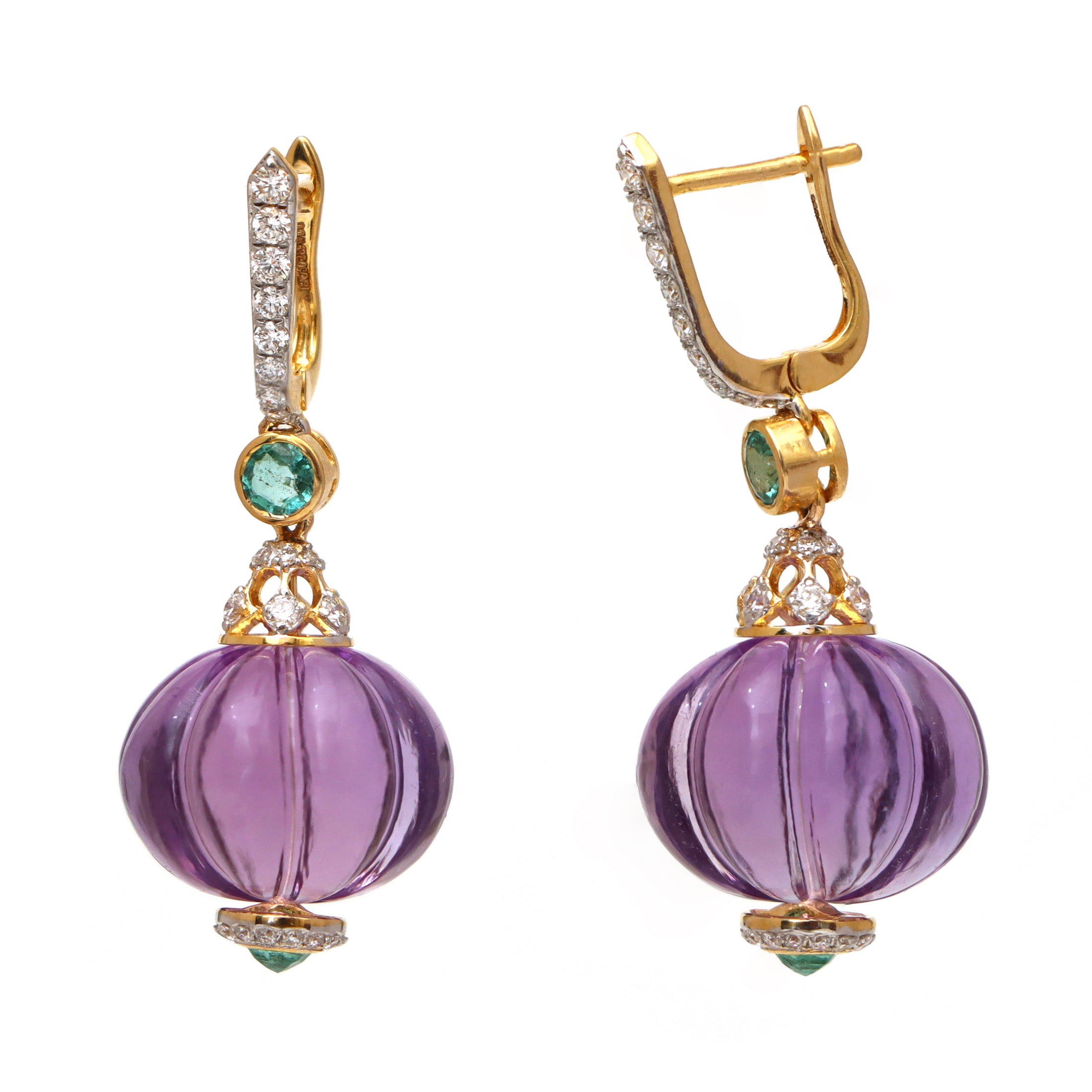 Natural Amethyst and Emerald 18K gold earrings side angle - NFJSD-1601