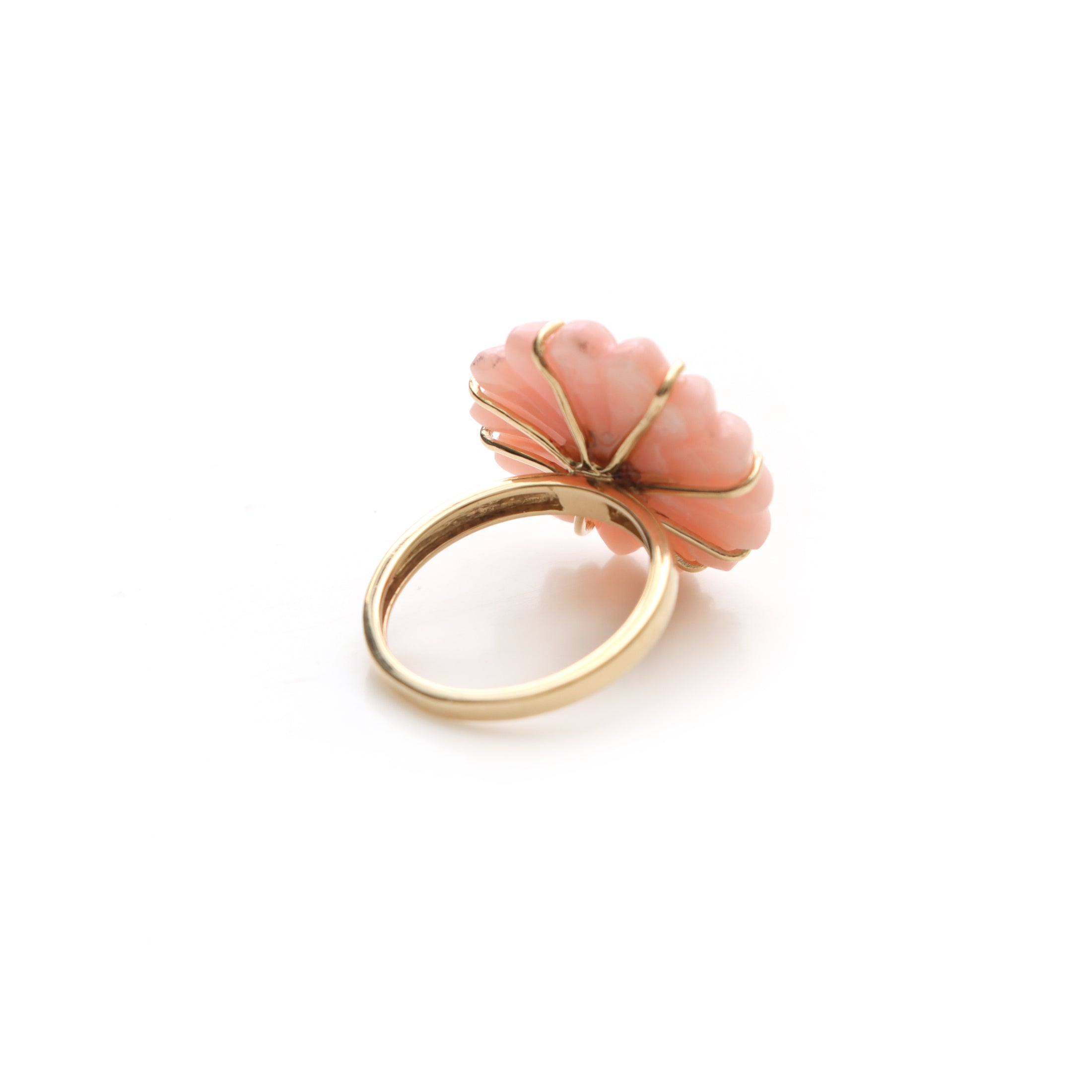 Natural Tourmaline Oval Cut and Pink Opal Carving Flower 14K gold ring back view - NFJSD-1301