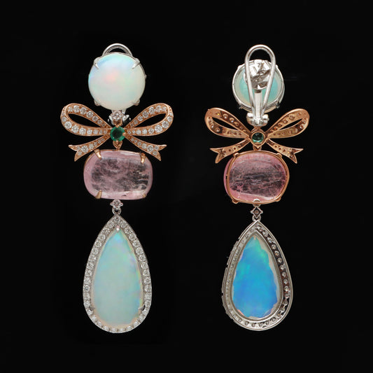 Natural Ethiopian Opal and Emerald 18K gold earrings side angle - NFJSD-1752