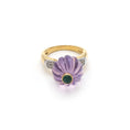 Load image into Gallery viewer, Natural Amethyst Carving and Emerald Round Cabs 14K gold ring on-hand view - NFJSD-1012
