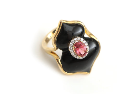 Natural Tourmaline Oval Cut and Black Onyx Carving 14K gold ring front view - NFJSD-1358