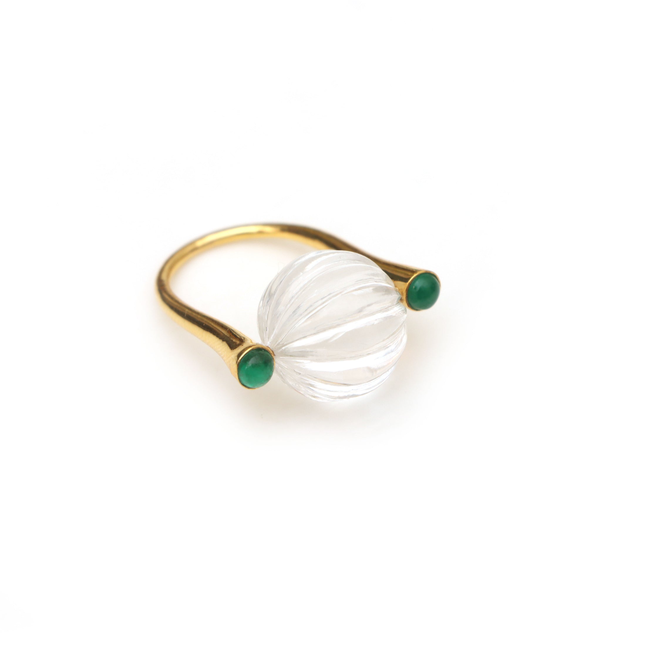 Natural Emerald Round Cabs and crystal Carving Balls 18K gold ring front view - NFJSD-1378