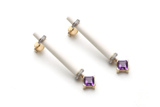 Natural Amethyst Square Cut and Black Onyx Carving Tube 14K gold earrings front view - NFJSD-1050