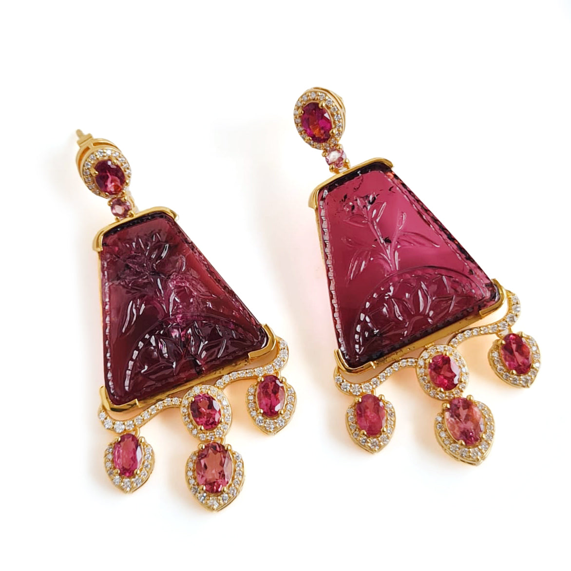 Natural Pink Tourmaline Carving and Pink Tourmaline Oval 18K gold earrings front view - NFJSD-1635