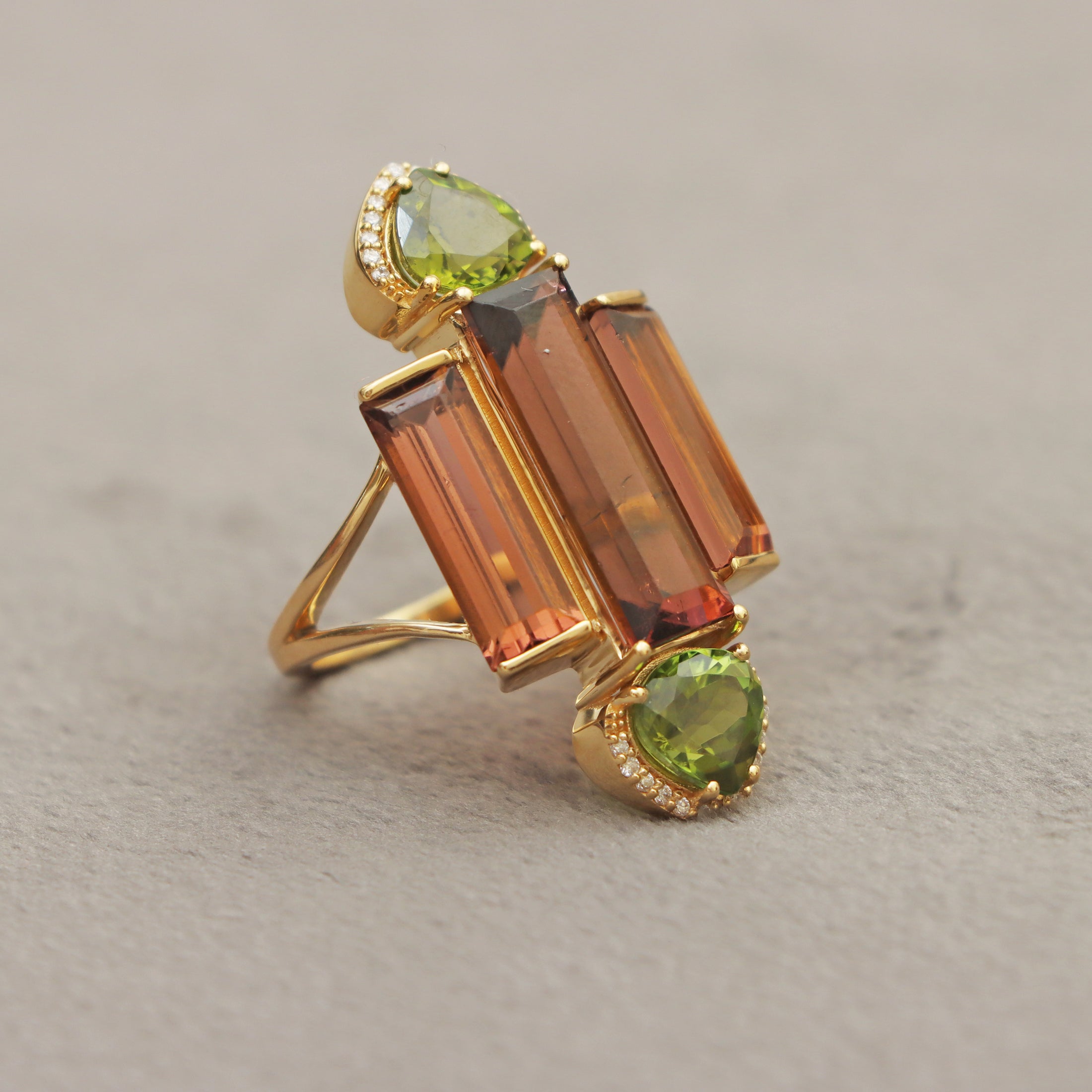 Natural Pink Tourmaline and Green Tourmaline 18K gold ring on-hand view - NFJSD-1570