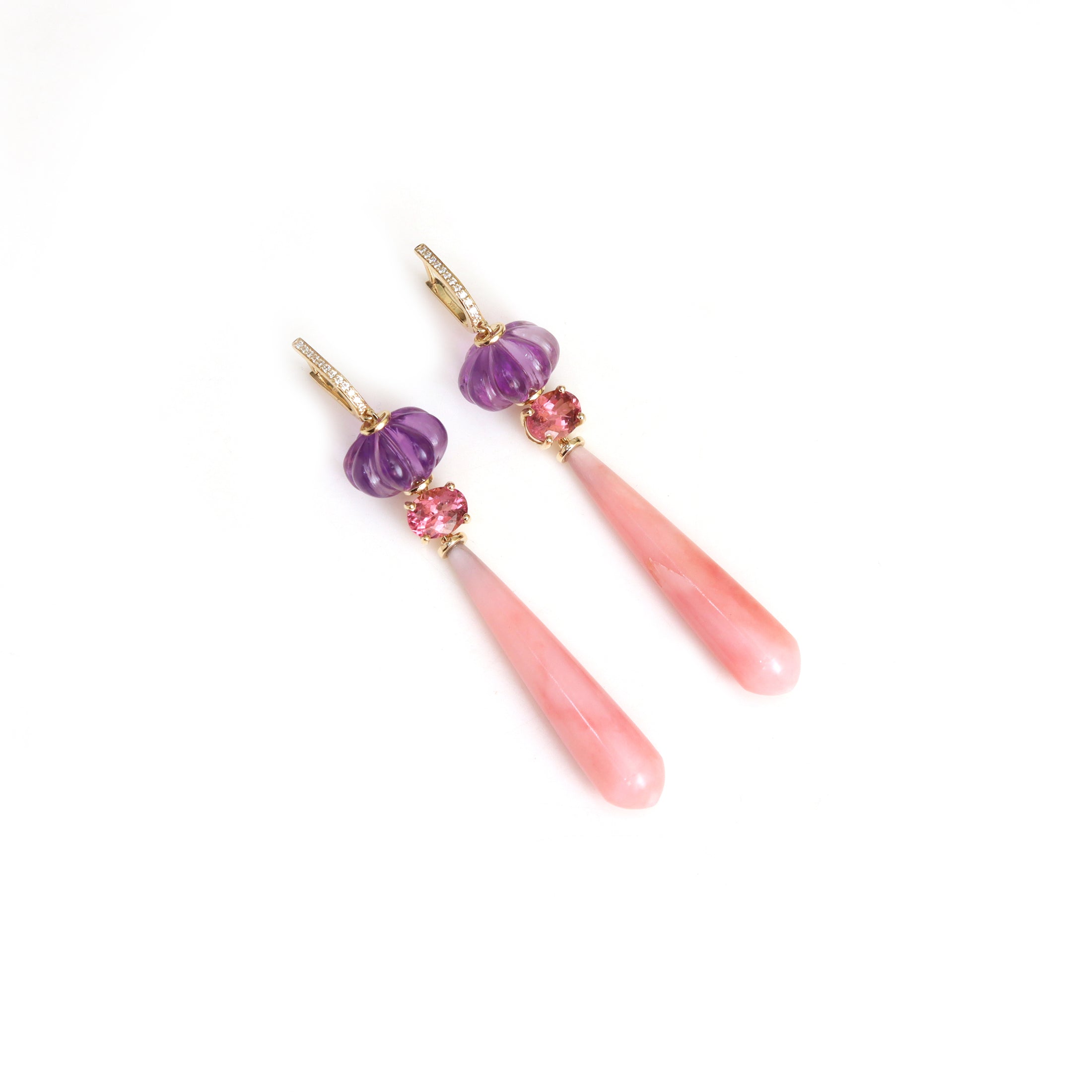 Natural Pink Opal and Amethyst 14K gold earrings front view - NFJSD-2016