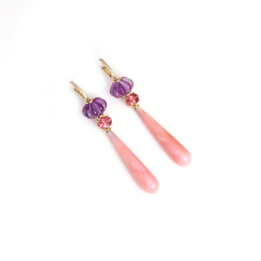 Natural Pink Opal and Amethyst 14K gold earrings front view - NFJSD-2016