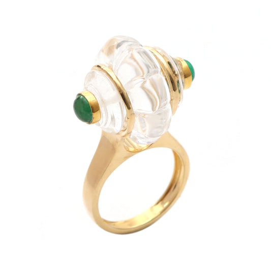Natural Crystal Quartz Carving and Emerald Round Cabs 14K gold ring front view - NFJSD-1011