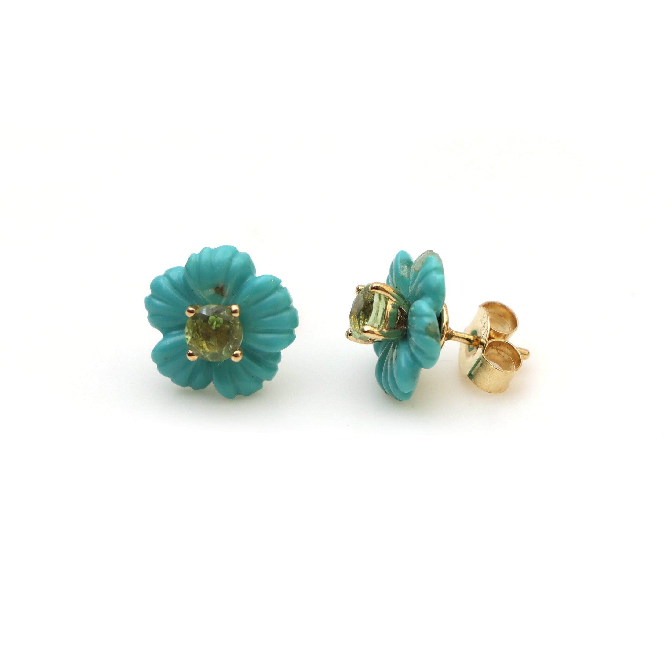 Natural Turquoise and Tourmaline 14K gold earrings front view - NFJSD-1507