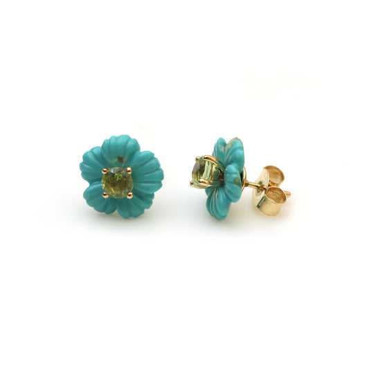 Natural Turquoise and Tourmaline 14K gold earrings front view - NFJSD-1507