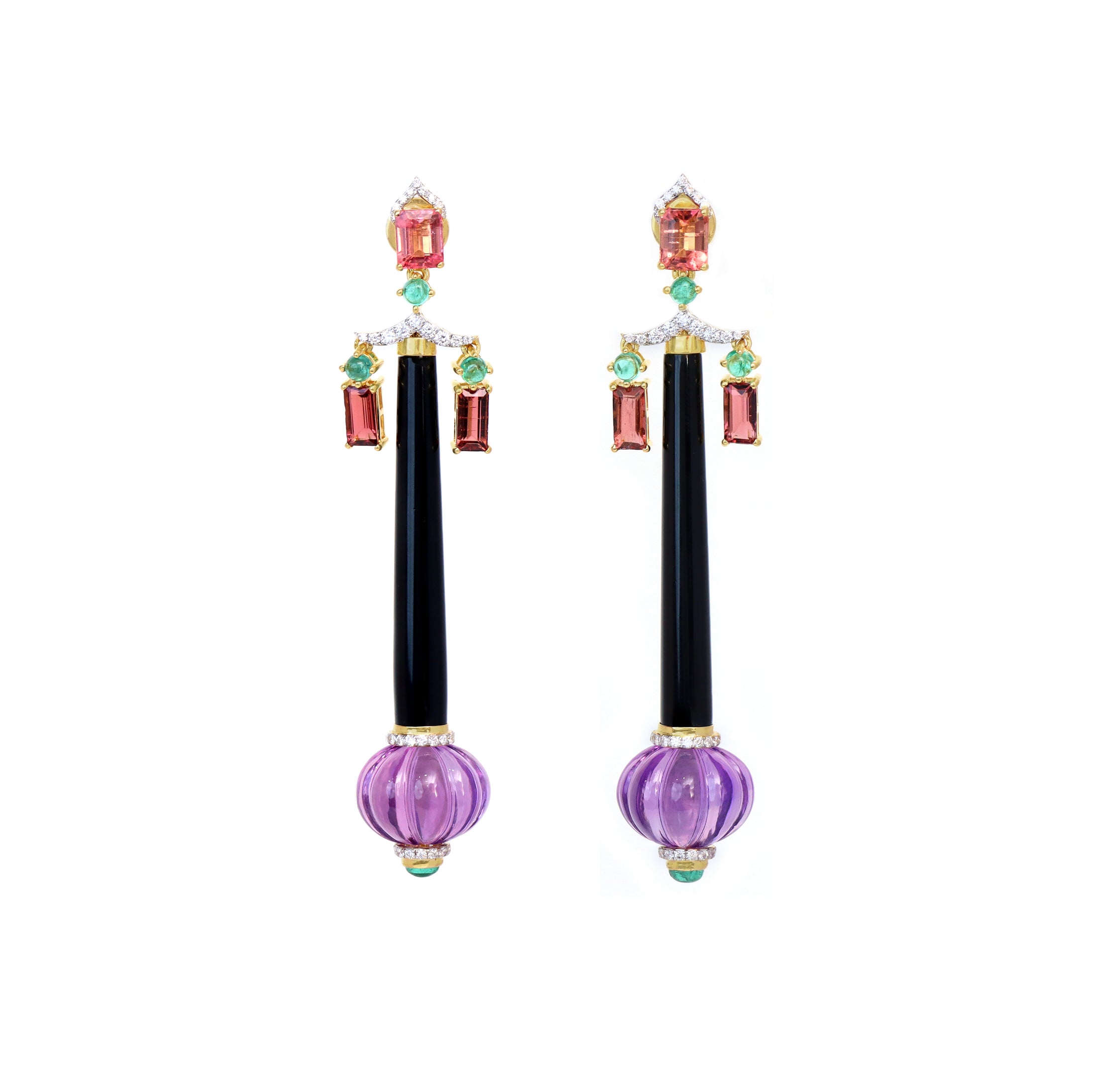 Natural Black Onyx and Emerald 18K gold earrings close-up detail - NFJSD-1773