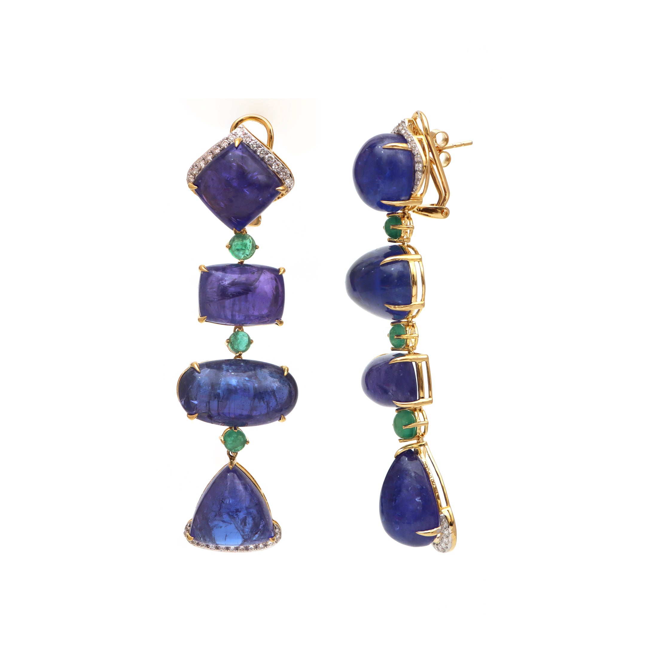 Natural Emerald and Tanzanite 18K gold earrings side angle - NFJSD-1460