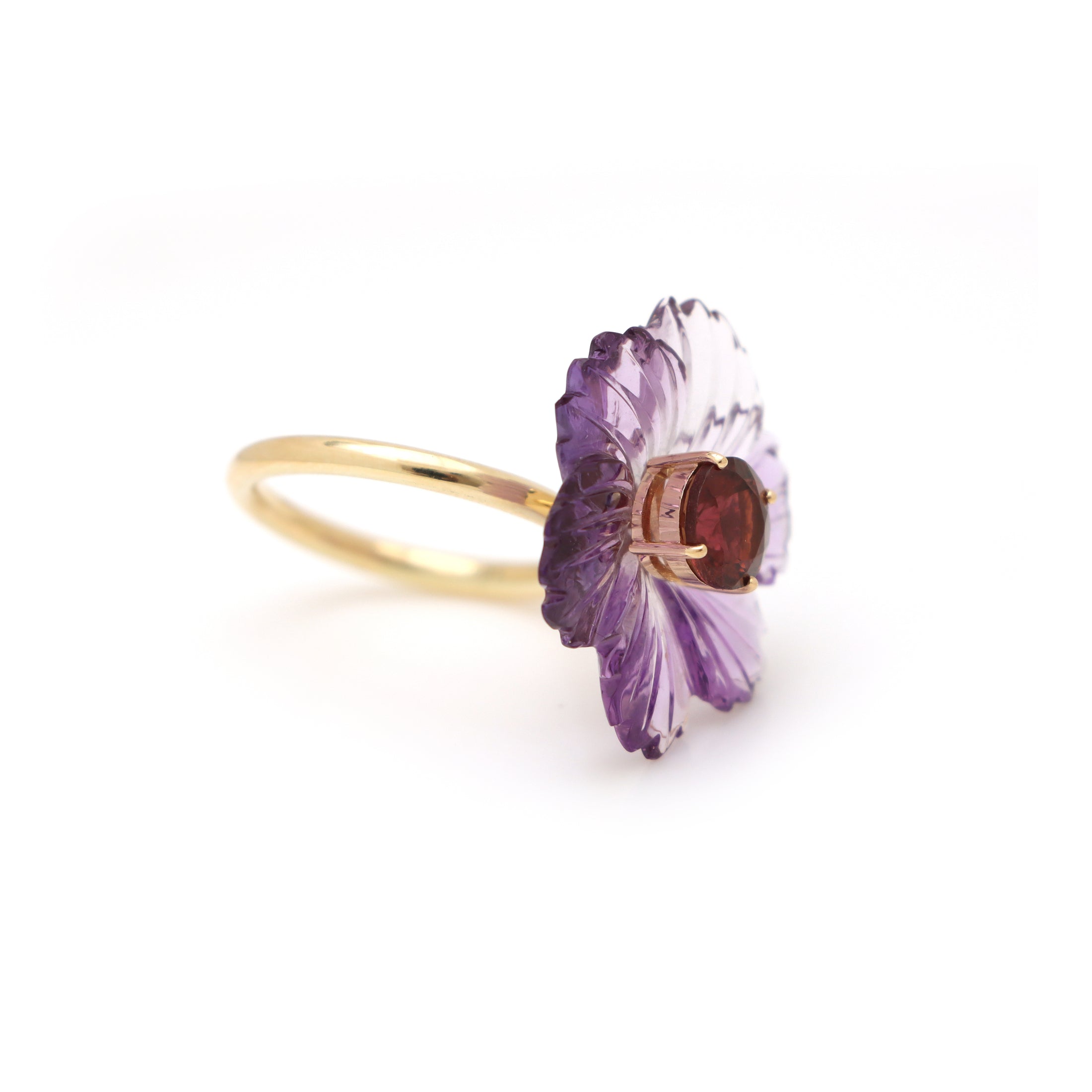 Natural Amethyst Carving and Pink Tourmaline 14K gold ring top view - NFJSD-1562