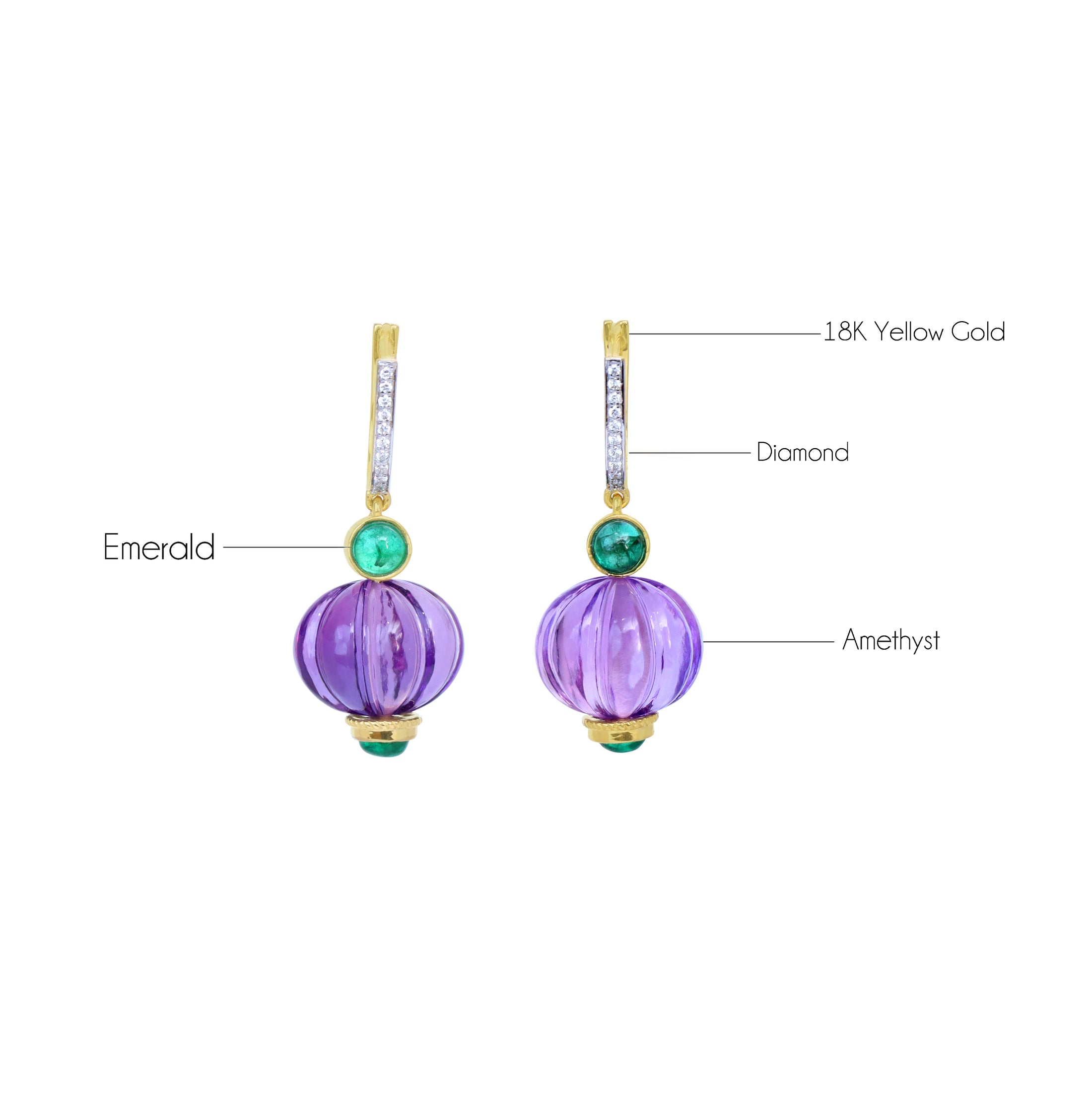 Natural Amethyst and Emerald 18K gold earrings top view - NFJSD-1778