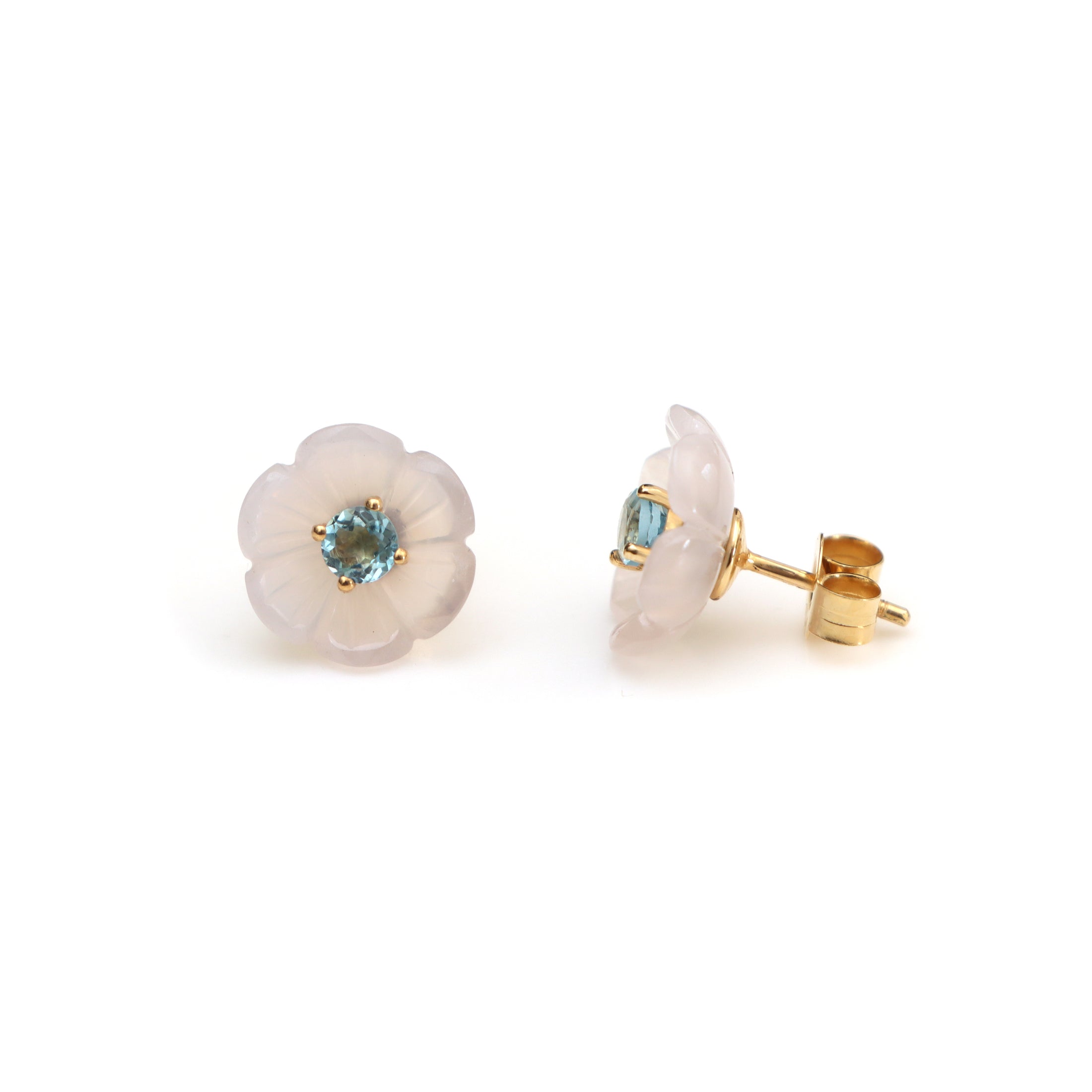 Natural Lavender Chalcedony and Aquamarine 14K gold earrings front view - NFJSD-1493
