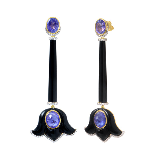 Natural Black Onyx and Tanzanite 18K gold earrings front view - NFJSD-1834