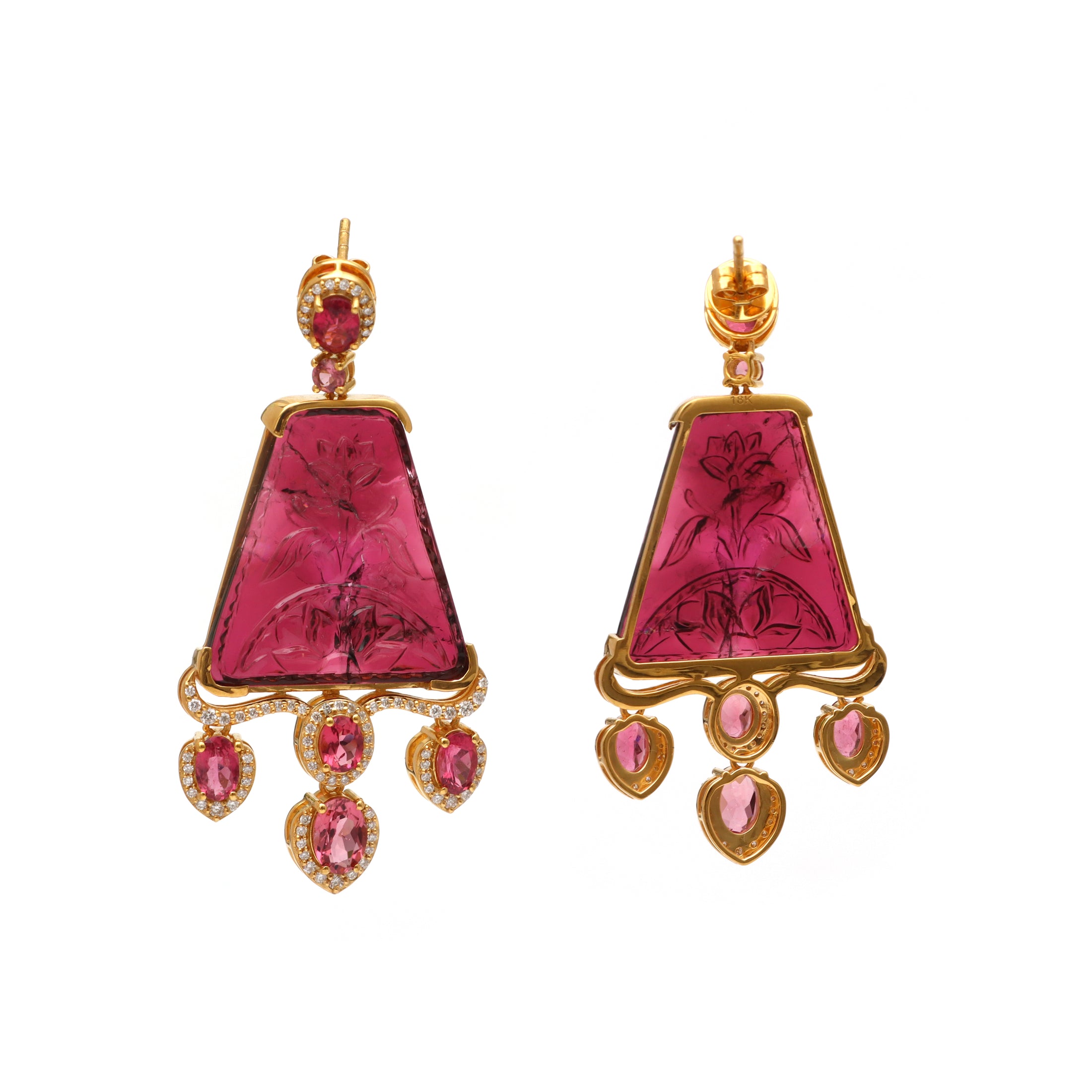 Natural Pink Tourmaline Carving and Pink Tourmaline Oval 18K gold earrings top view - NFJSD-1635