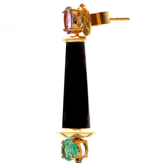 Natural Black Onyx smooth beads & Tube and Emerald Oval Cut 18K gold earrings side angle - NFJSD-1394