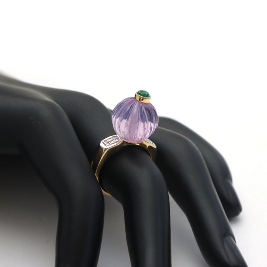 Natural Amethyst Carving and Emerald Round Cabs 14K gold ring side angle - NFJSD-1012