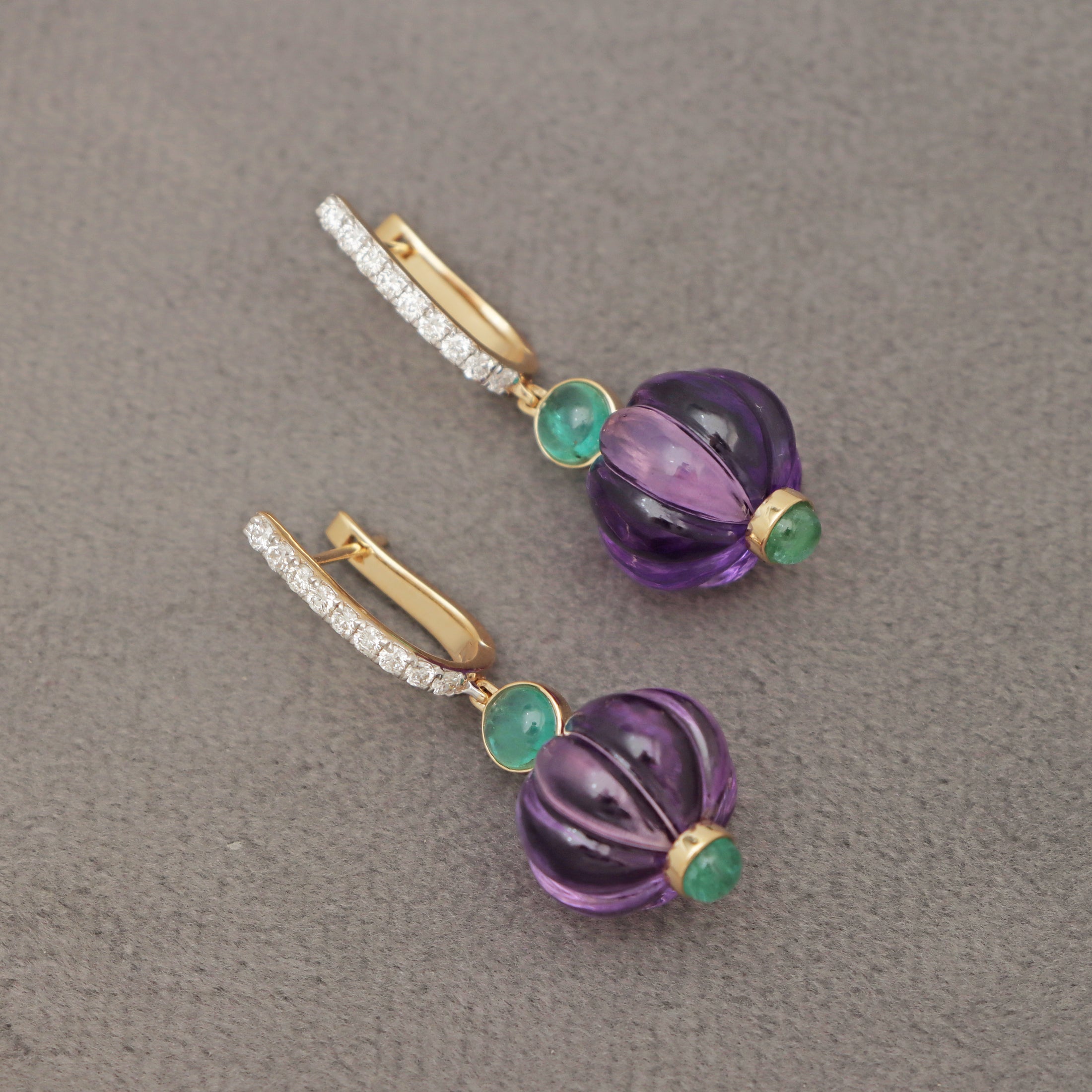 Natural Amethyst and Emerald 18K gold earrings back view - NFJSD-1539