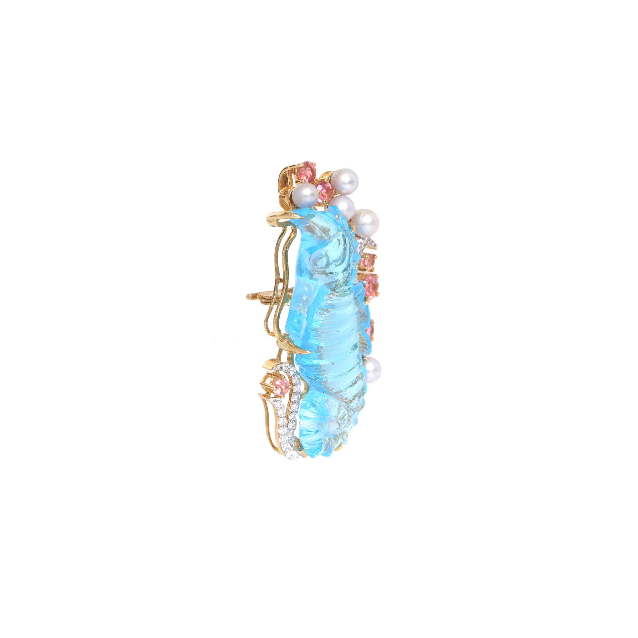 Natural Swiss Blue Topaz Carving Seahorse and Pearl Smooth Balls 14K gold brooch on-hand view - NFJSD-1181
