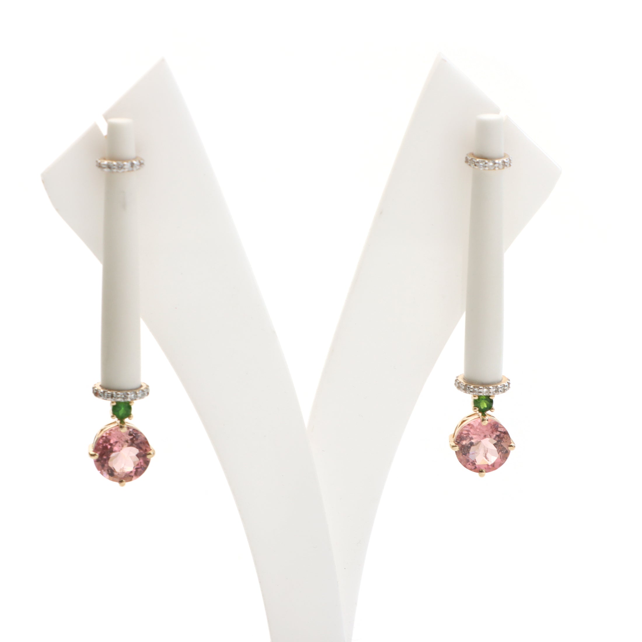 Natural White Agate Tube and Tourmaline Round Cut 14K gold earrings front view - NFJSD-1039