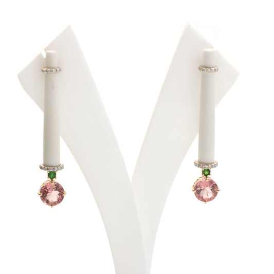 Natural White Agate Tube and Tourmaline Round Cut 14K gold earrings front view - NFJSD-1039