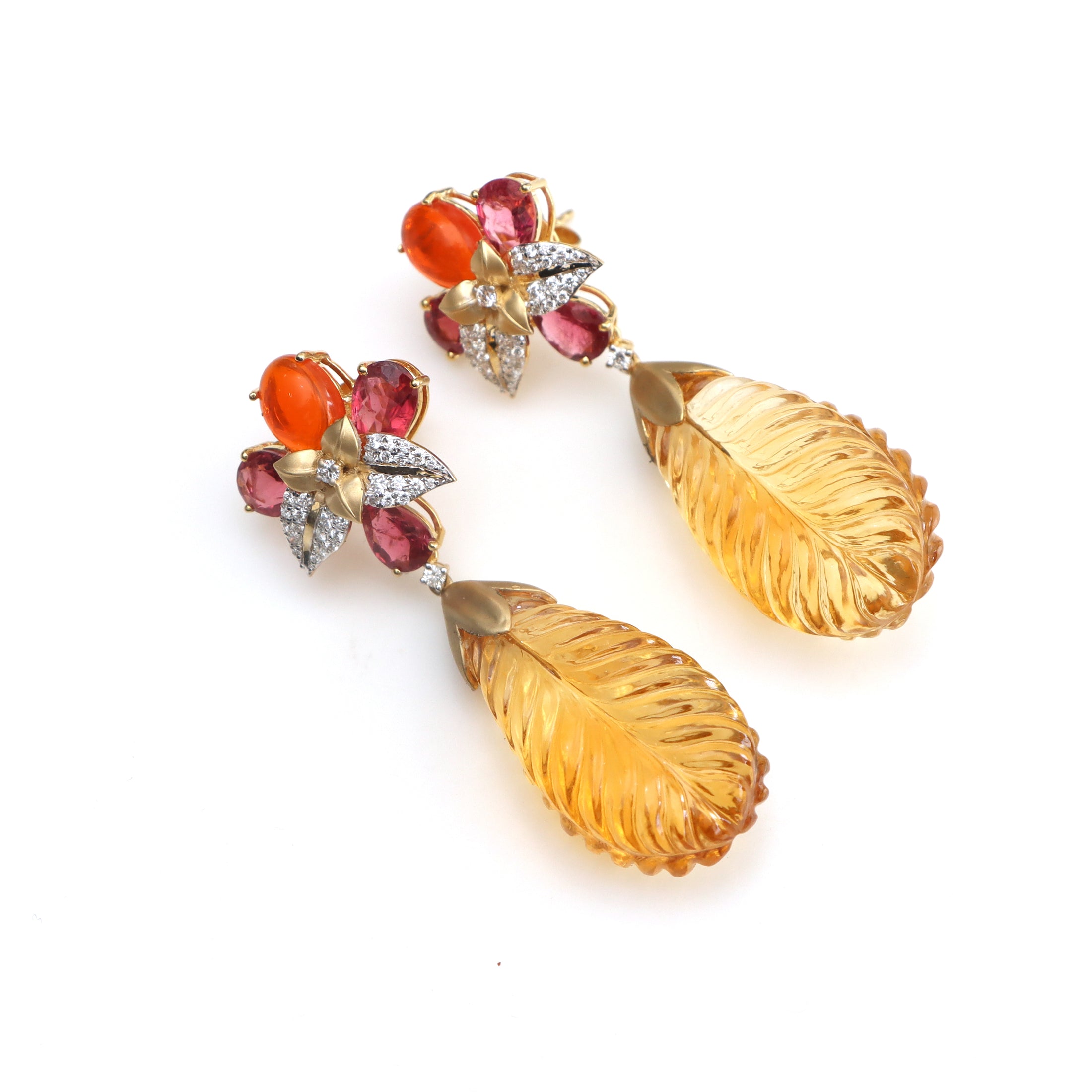 Natural Carnelian and Citrine Carving 18K gold earrings front view - NFJSD-1431