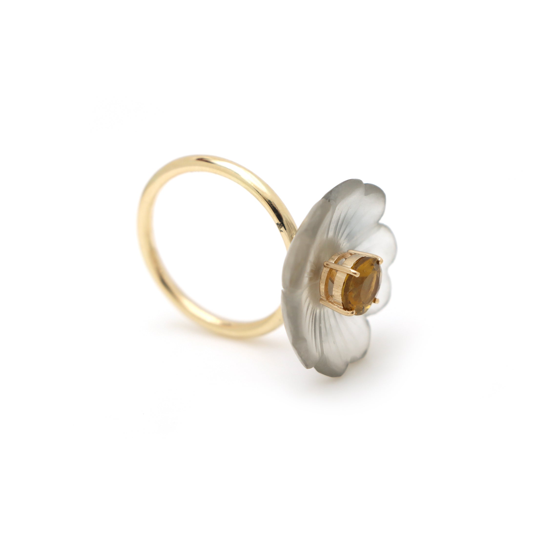 Natural Crystal Carving and Yellow Tourmaline 14K gold ring close-up detail - NFJSD-1557