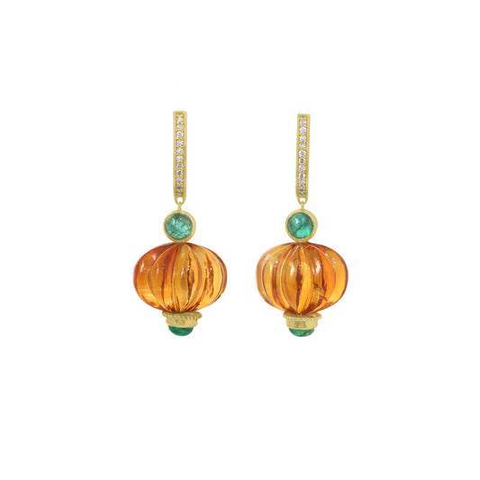 Natural Citrine and Emerald 14K gold earrings front view - NFJSD-1929