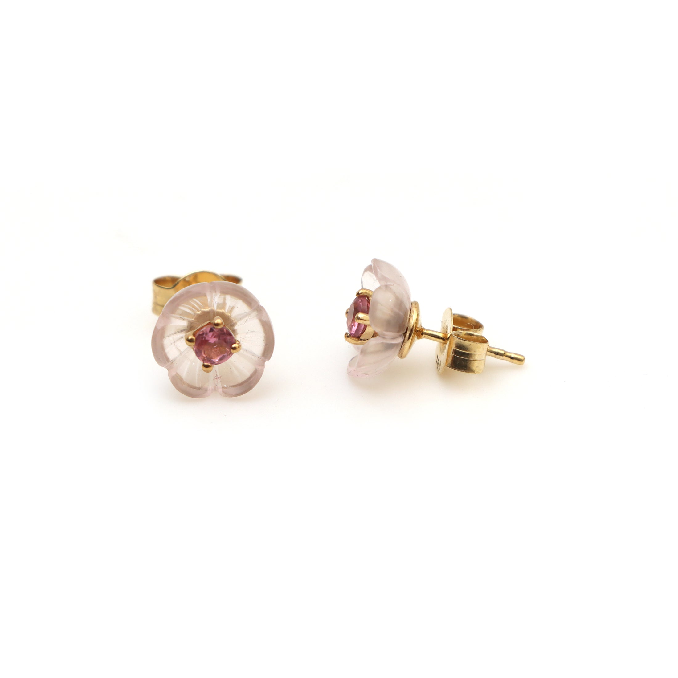 Natural Rose Quartz and Tourmaline 14K gold earrings front view - NFJSD-1506