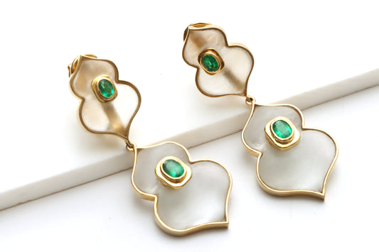 Natural Emerald Octagon Cut and Crystal Carving 14K gold earrings front view - NFJSD-1361