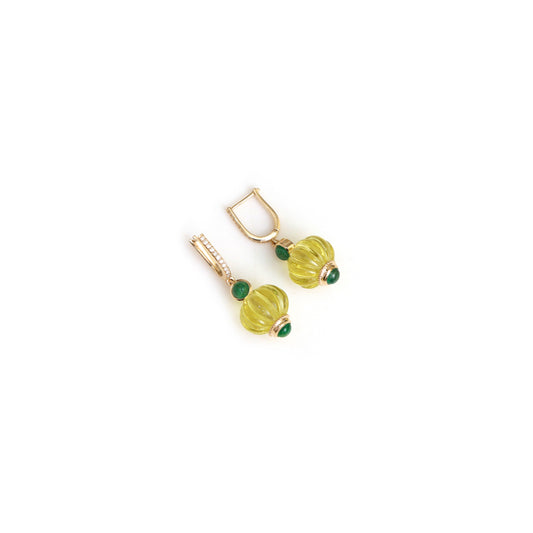 Natural Lemon Quartz and Emerald 14K gold earrings front view - NFJSD-2030