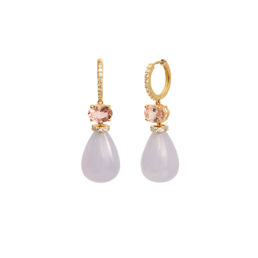 Natural Chalcedony and Pink Tourmaline 14K gold earrings front view - NFJSD-1971