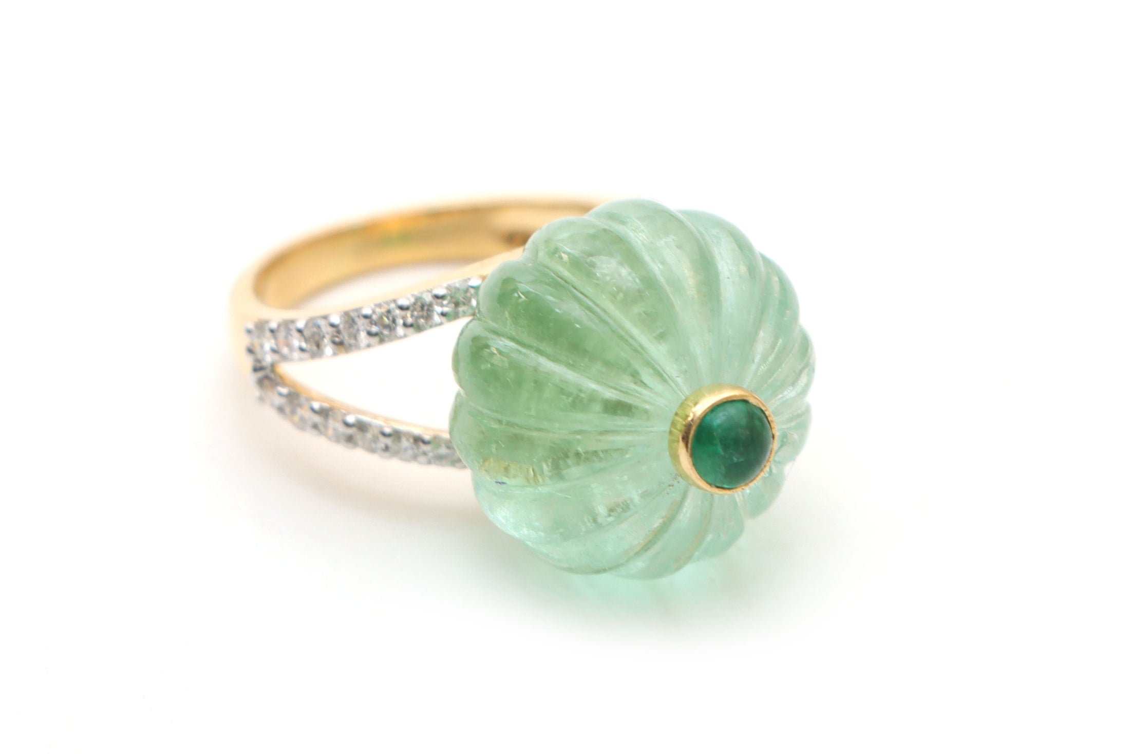 Natural Tourmaline Carving and Emerald Round Cabs 14K gold ring front view - NFJSD-1015