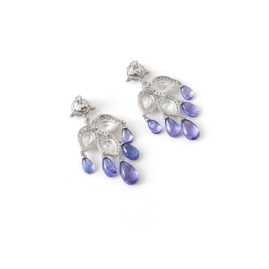 Natural White Aquamarine and Tanzanite 18K gold earrings side angle - NFJSD-1970