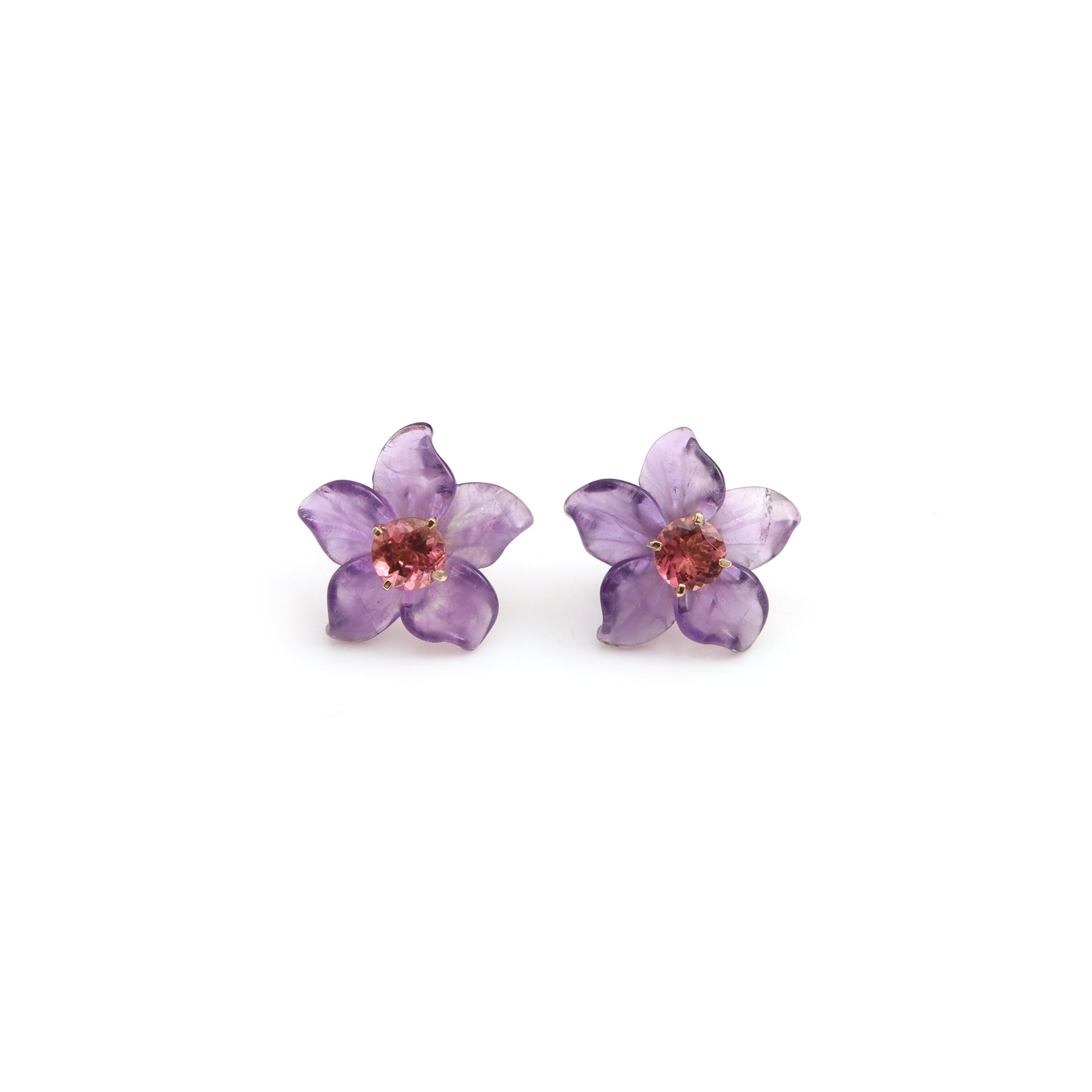 Natural Amethyst and Pink Tourmaline 14K gold earrings front view - NFJSD-2048