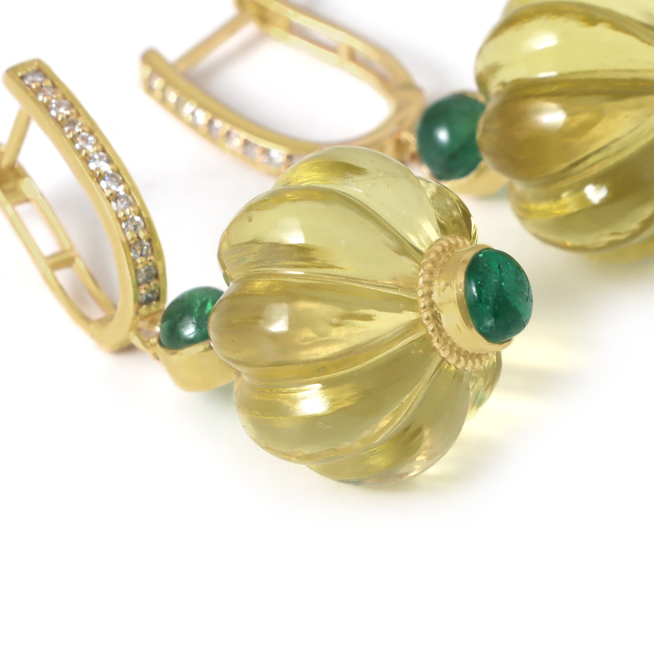Natural Lemon Quartz and Emerald 14K gold earrings top view - NFJSD-1912