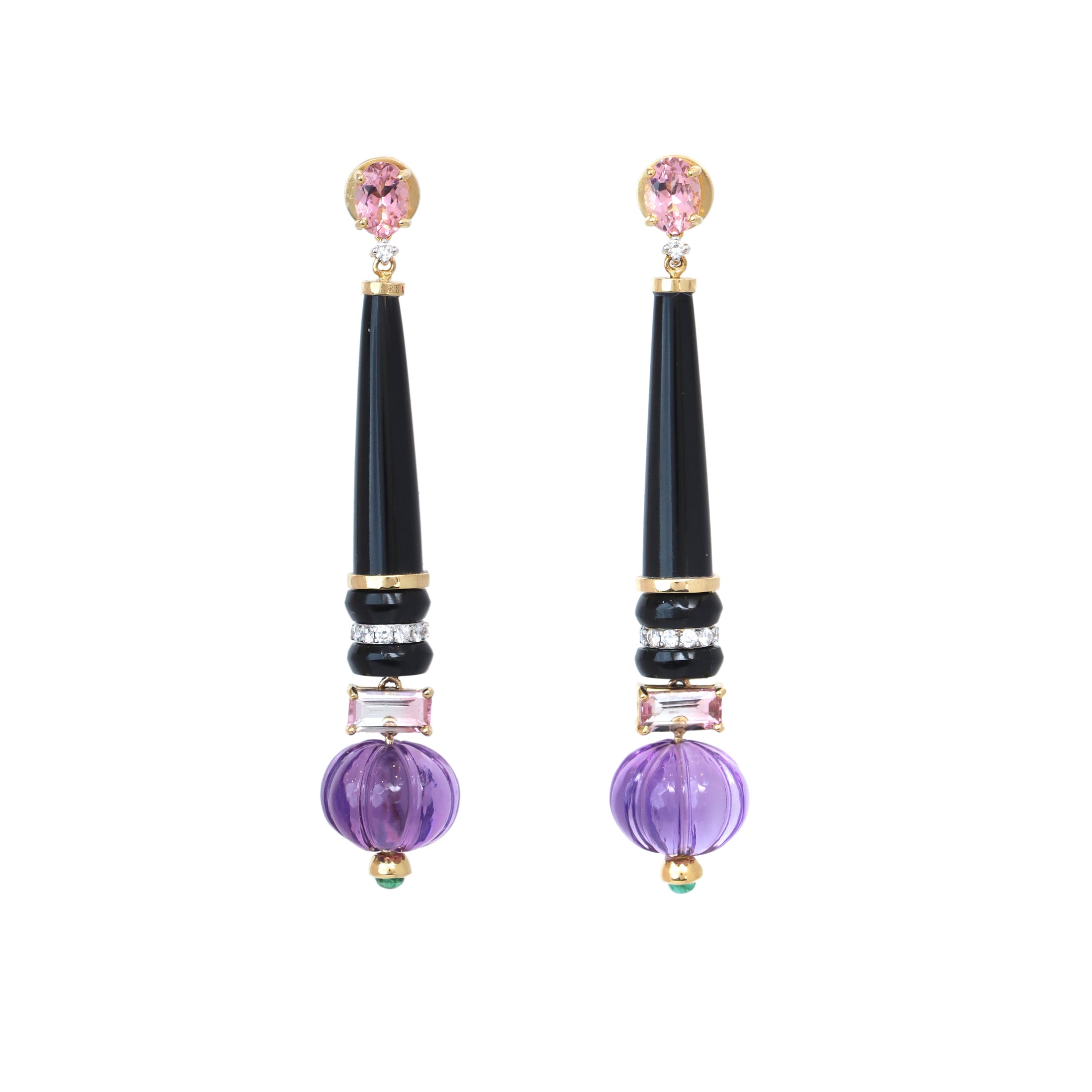 Natural Black Onyx and Amethyst 18K gold earrings close-up detail - NFJSD-1808