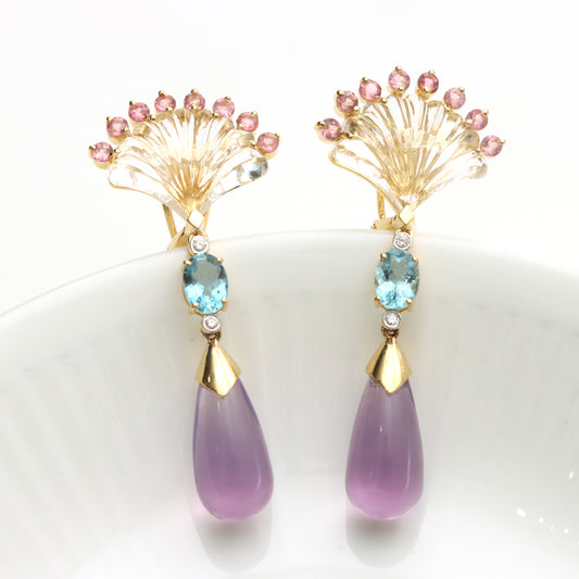 Natural Aquamarine Oval Cut and Crystal Carving 14K gold earrings front view - NFJSD-1294