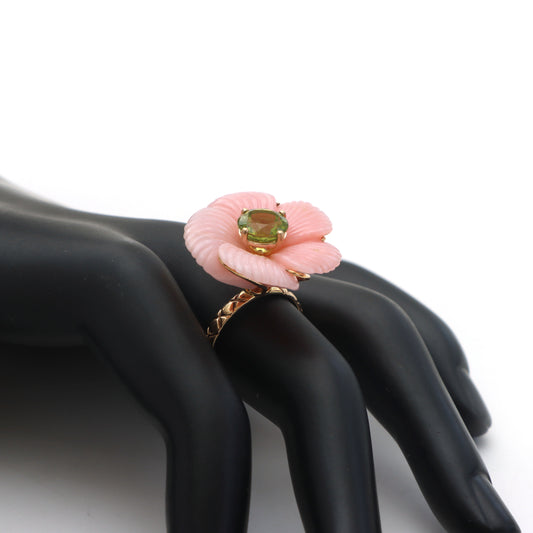 Natural Peridot Round Cut and Pink Opal Flower 14K gold ring side angle - NFJSD-1030