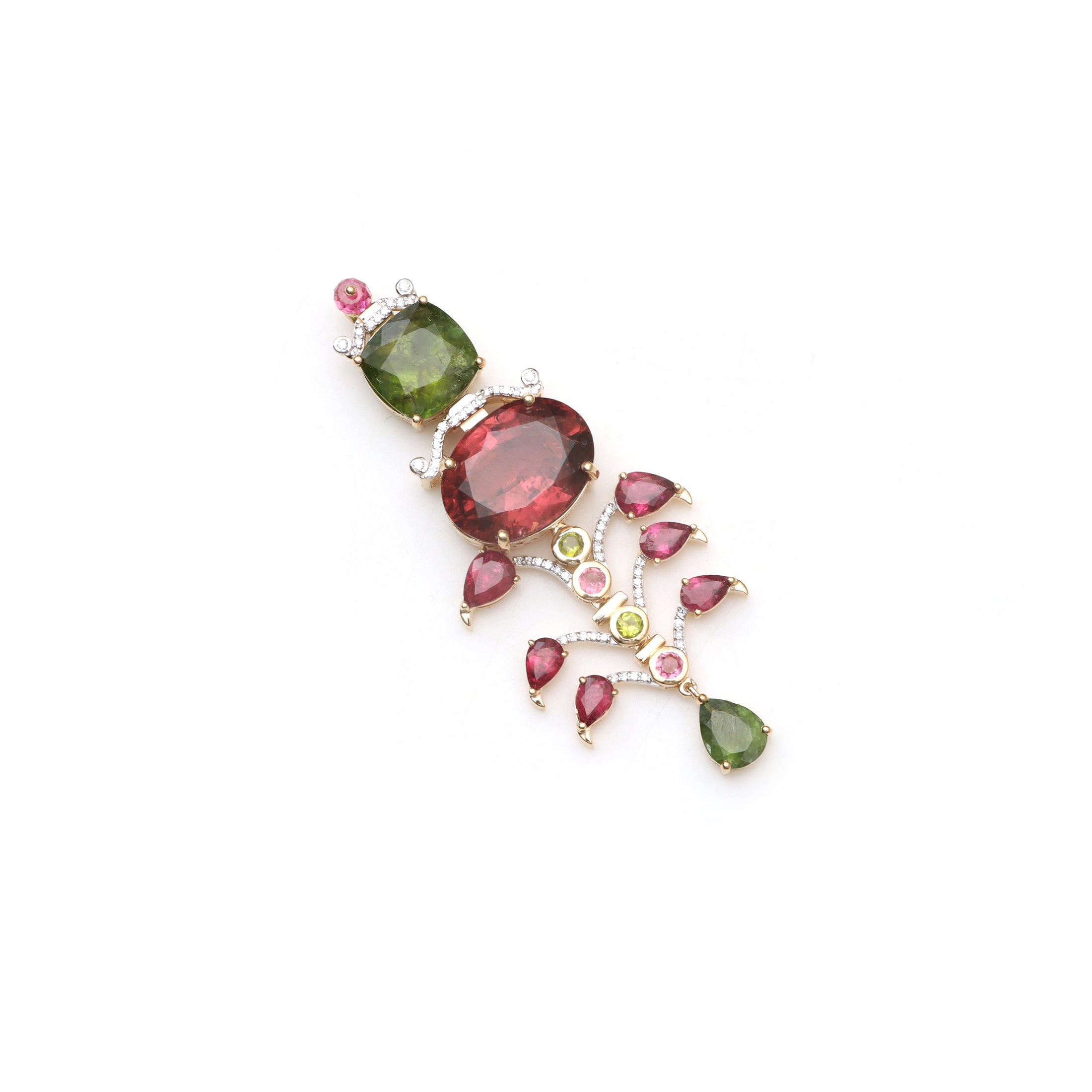 Natural Pink Tourmaline and Green Tourmaline 18K gold pendant front view - NFJSD-1853