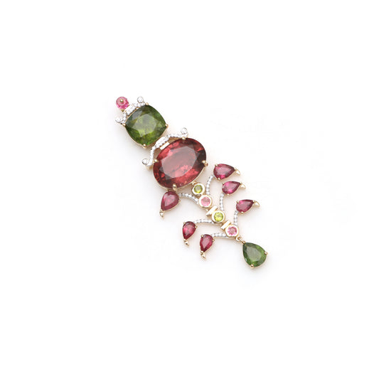 Natural Pink Tourmaline and Green Tourmaline 18K gold pendant front view - NFJSD-1853